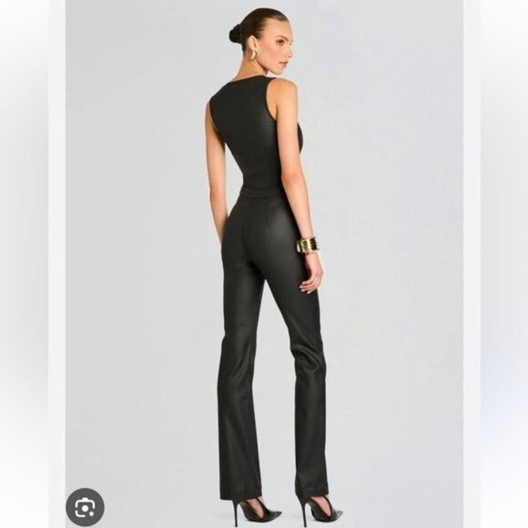 Retrofete Black Coated Denim Jumpsuit Plunge Flare Leg Black Size Small NWT - Picture 2 of 9
